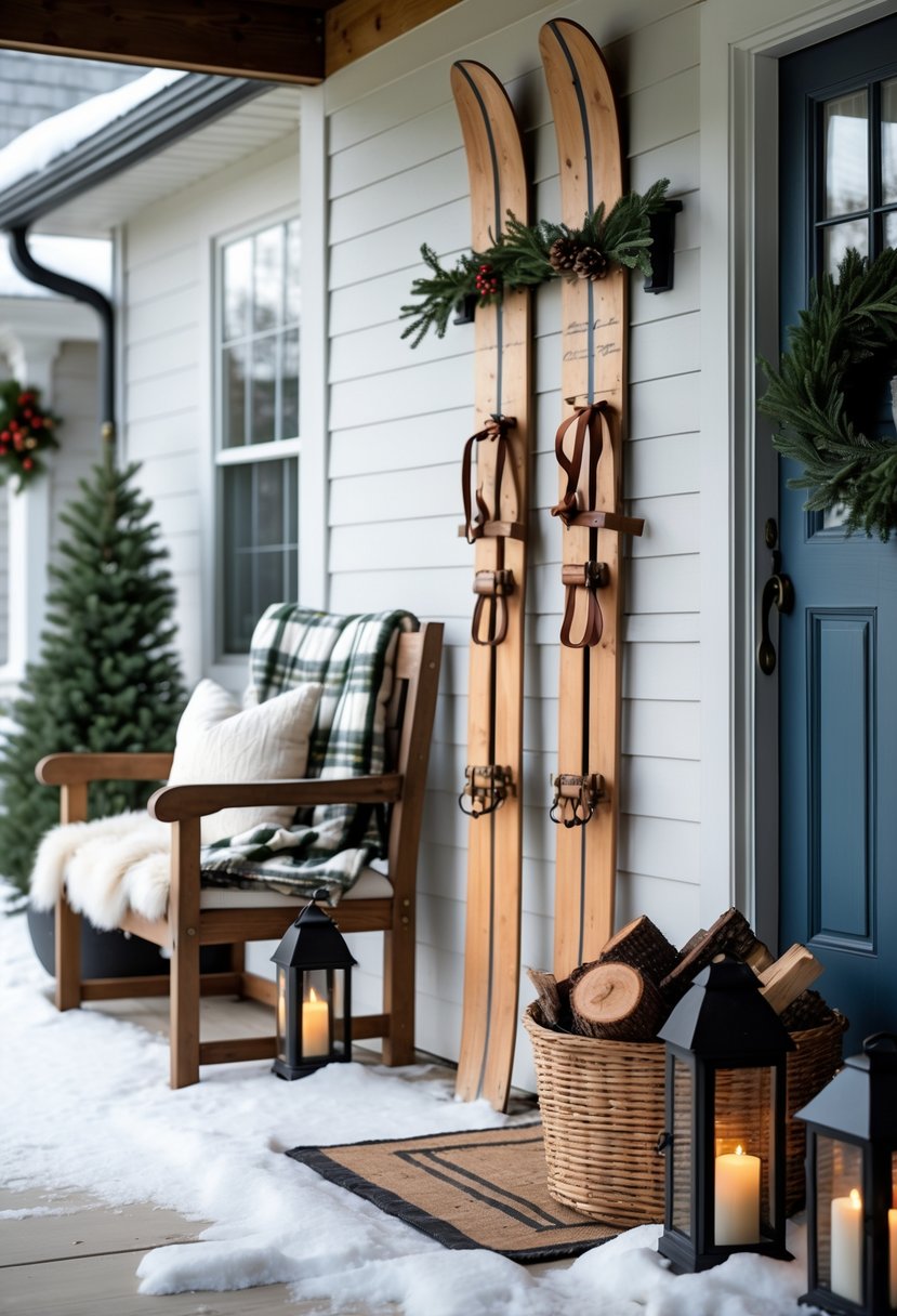 Front porch decorated for winter with vintage wooden skis hung on the wall, a bench with blankets, lanterns, and snow on the ground.